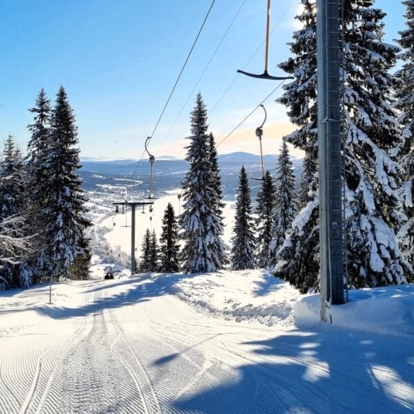 Skidlift med snöbeklädda granar i bakgrunden