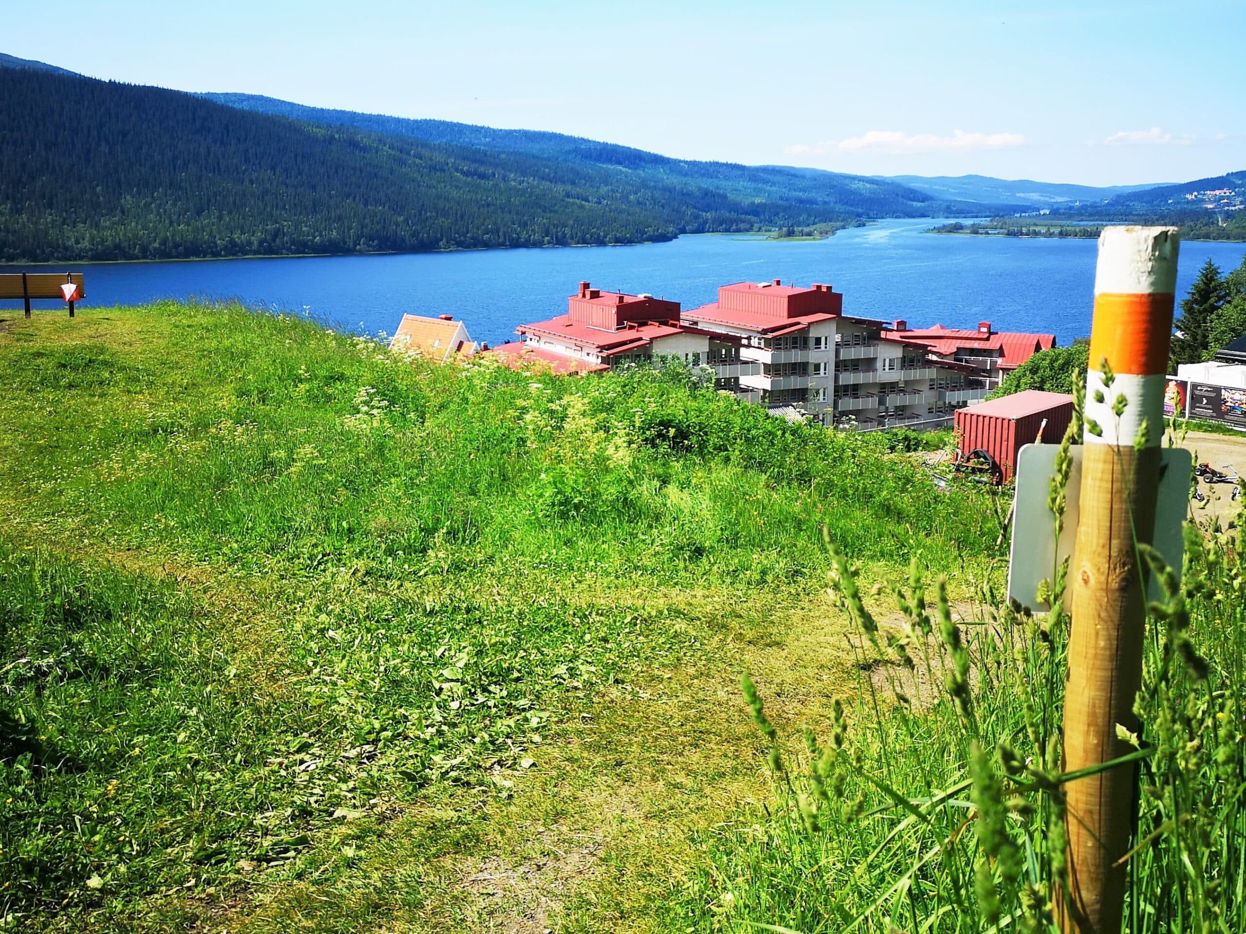 Utsiktsbild över centrala Åre by med Åresjön i bakgrunden